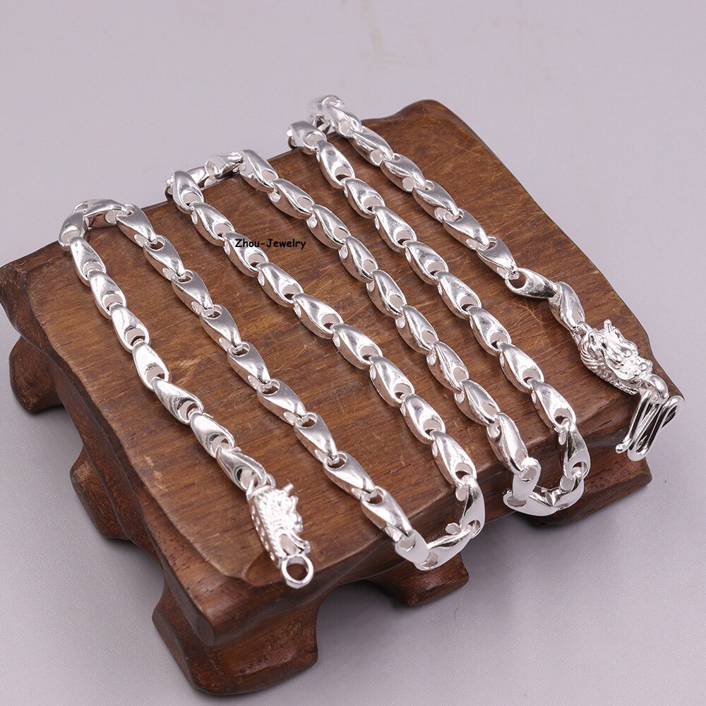 Pure S999 Fine Silver 999 Chain 4mm Triangle Bead Link Dragon Head Chain 26-27g