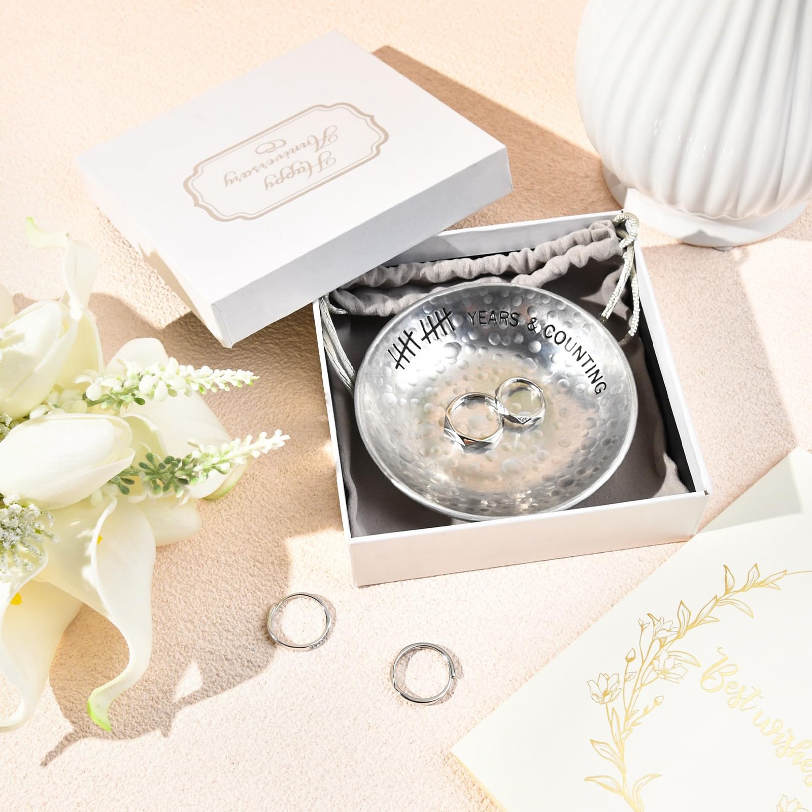 10 Year Wedding Anniversary Tin Gifts – 4″ Engraved Aluminum Jewelry Tray