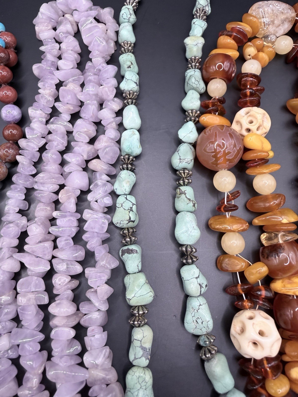 Vintage Lot 7 Stone Gemstone Necklaces Amber Amethyst Turquoise Sodalite Shell
