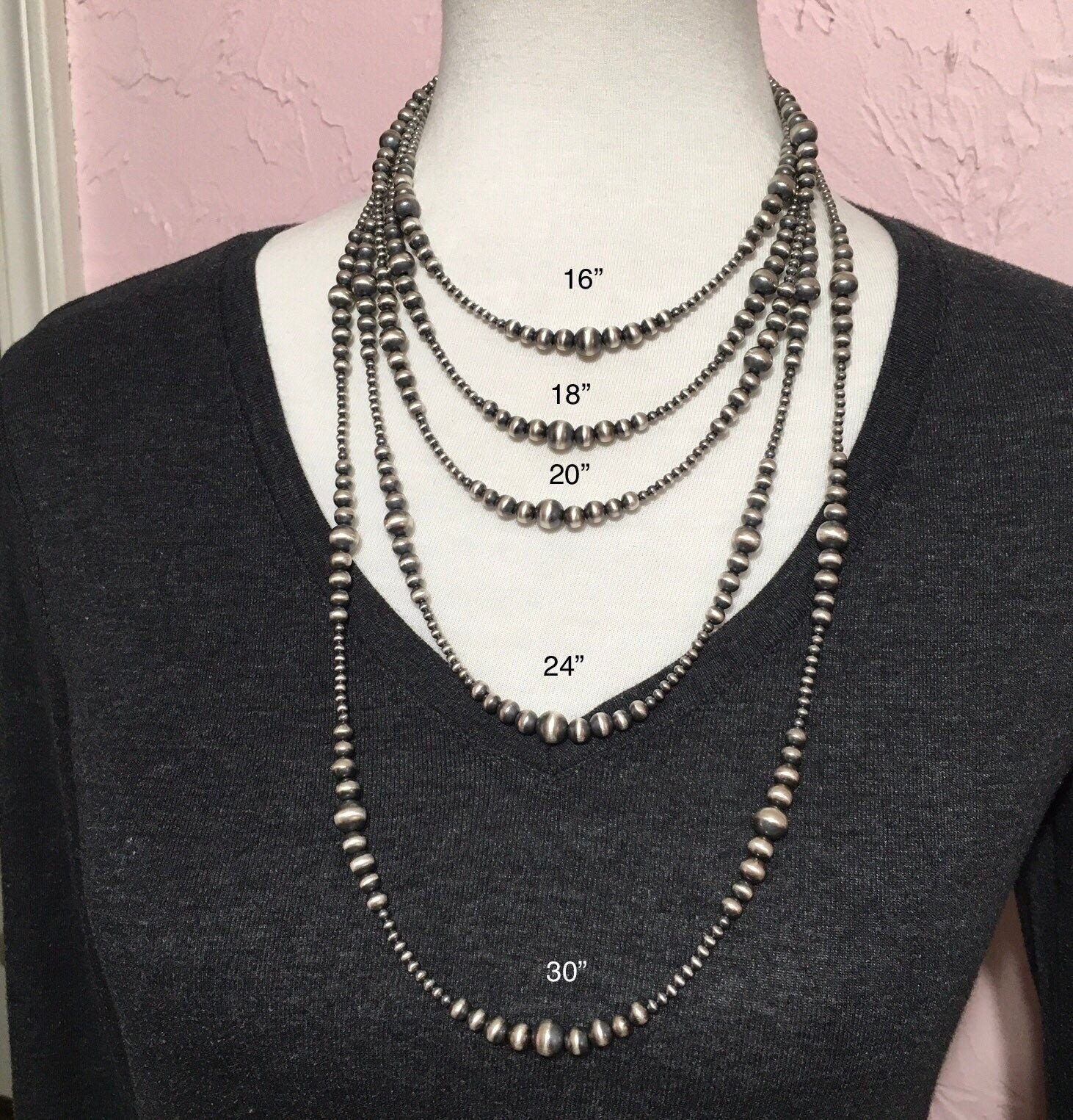 Sterling Silver Southwest Pearls, Graduated BOHO Bead Necklace, Western Oxidize