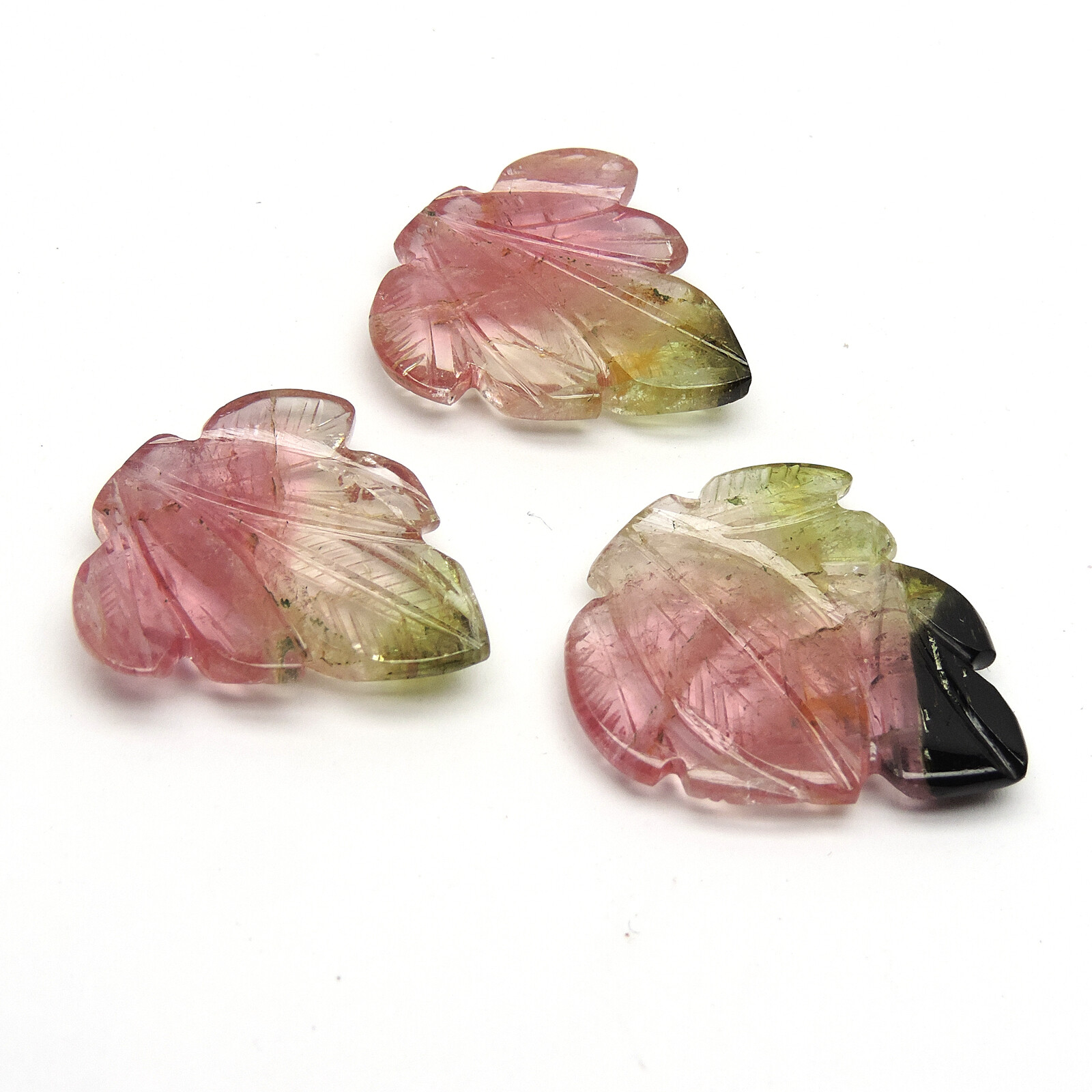 Huge Bi colour watermelon Tourmaline gemstone Leaf carving 3 pcs set,