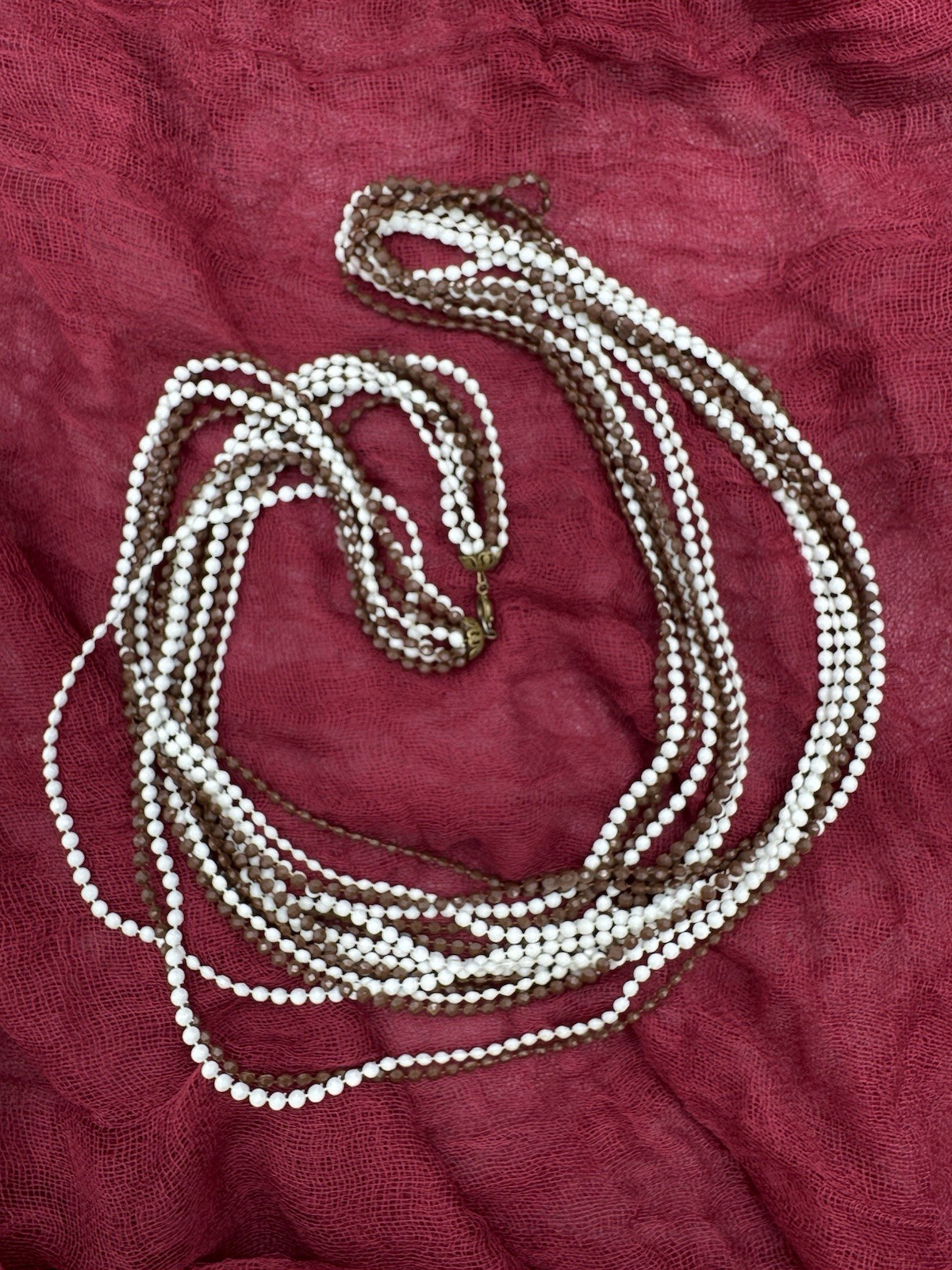 Vintage Multi-strand Brown White Plastic Beaded Necklace Long 50”