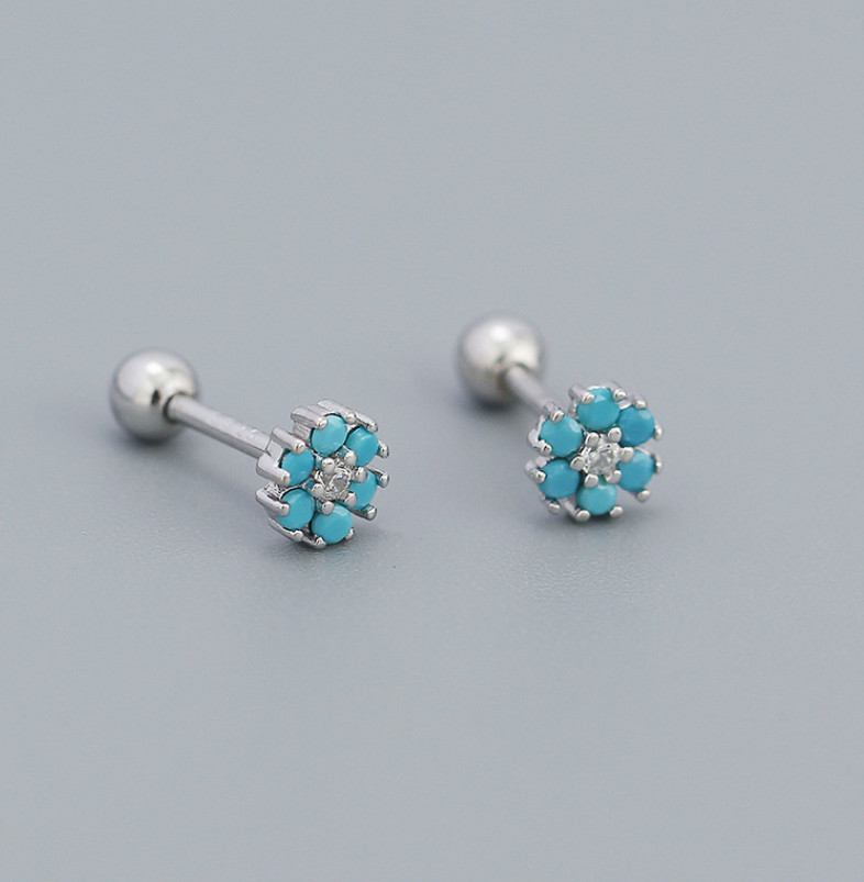 925 Sterling Silver Tiny Flower Turquoise CZ Screw Back Stud Earrings 5mm K36A