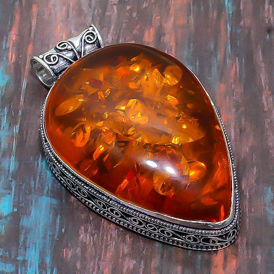 Vintage Baltic Amber Gemstone Handmade Gift Jewelry Pendant 2.56″ R672