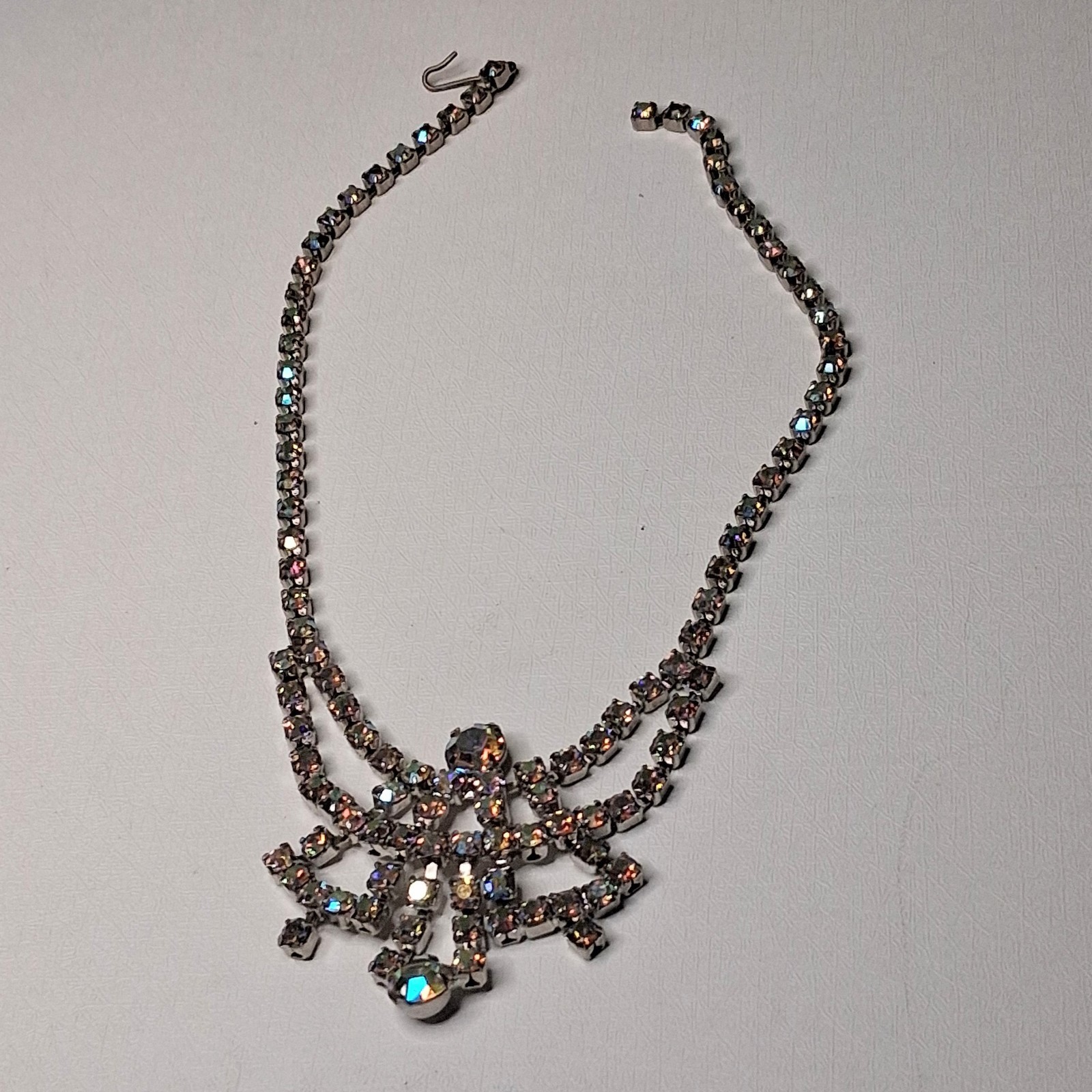 MCM Aurora Borealis Rhinestone Choker Necklace Silver Tone J-Hook 1950s Vtg READ