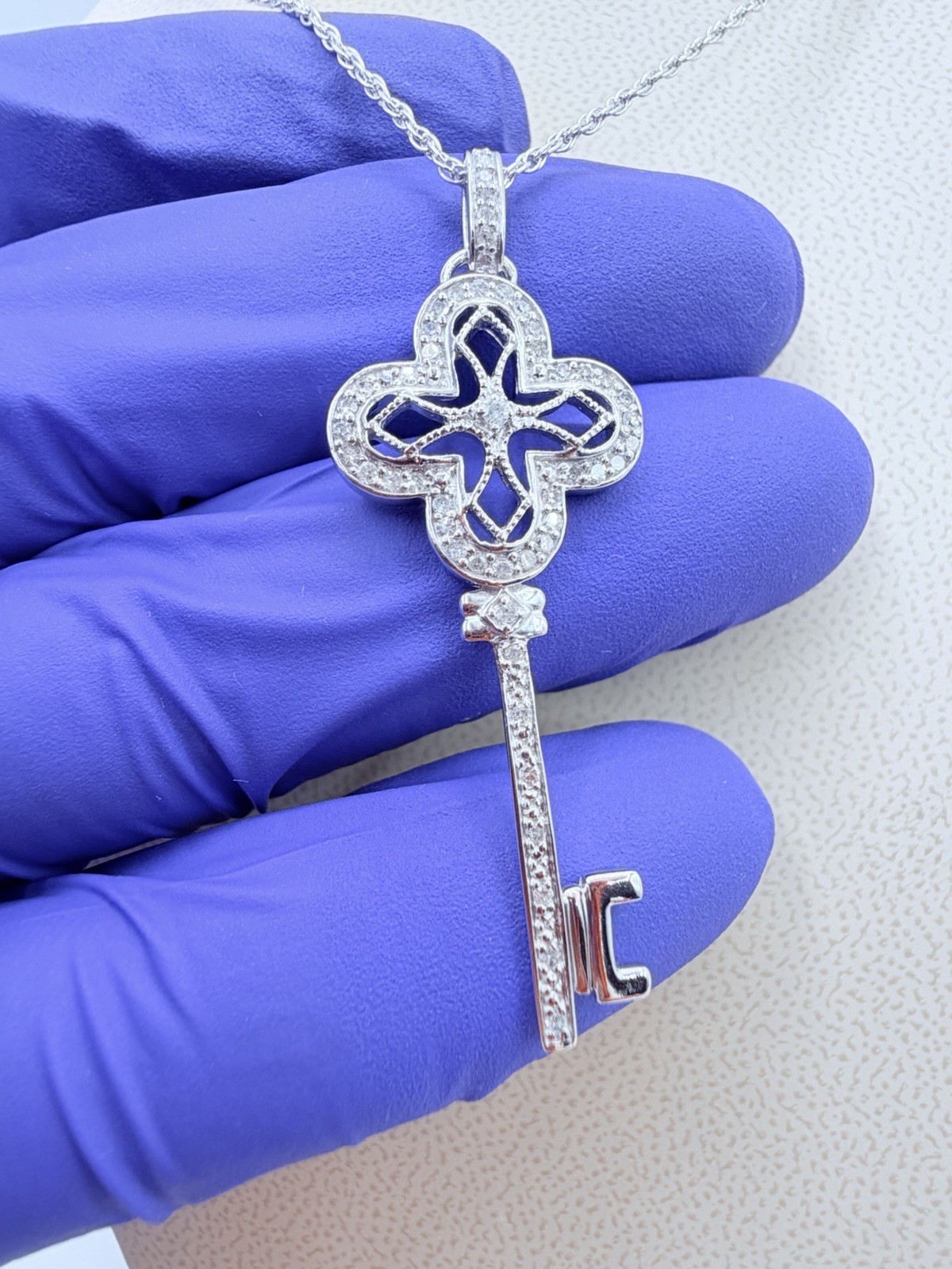 925 Sterling Silver Diamond Key Necklace 2” Pendant 18” Chain 0.21ct Natural