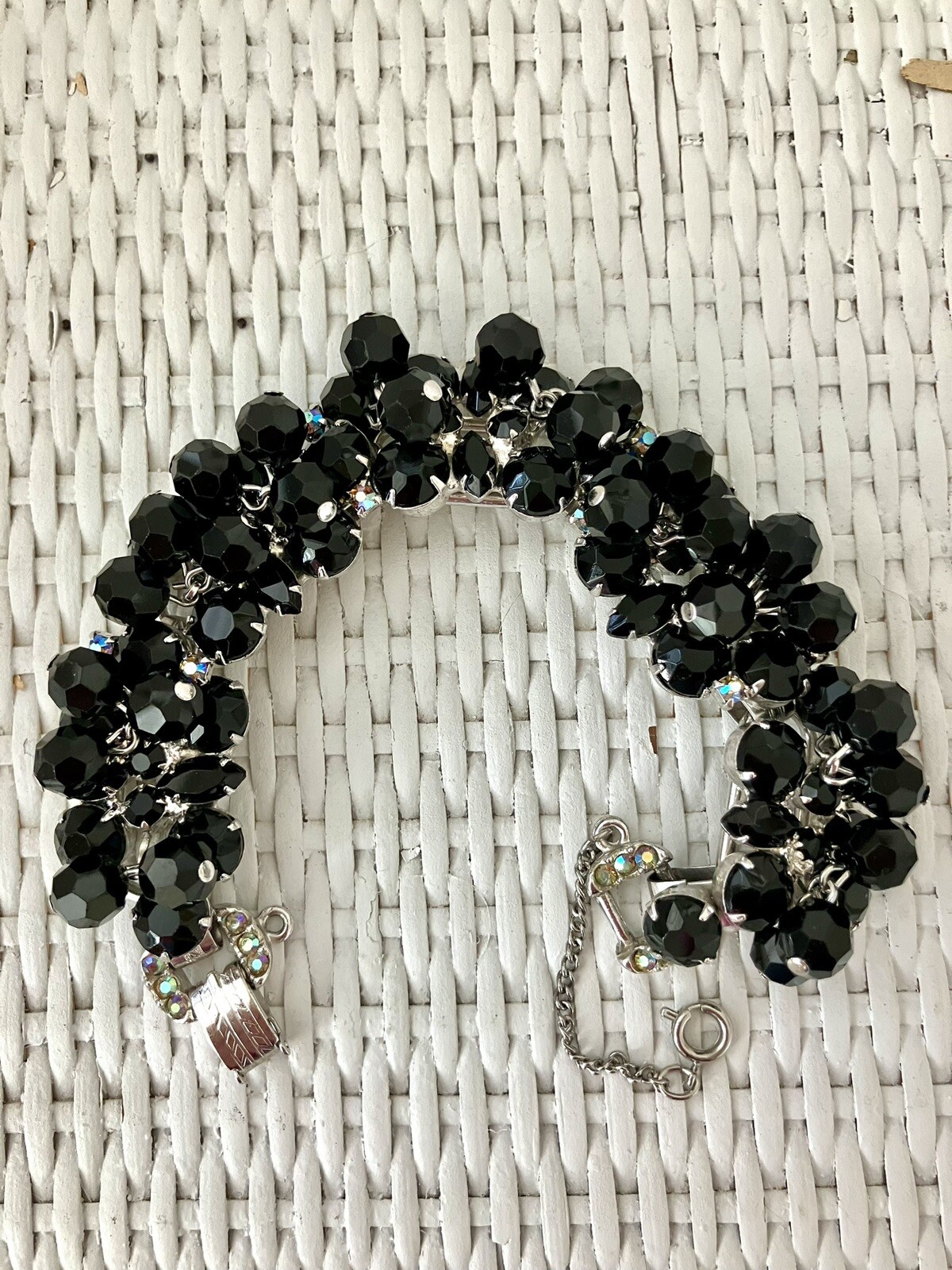 RARE! JULIANA Jet Black Cha Cha Dangle Bead Bracelet AB Rhinestone Clasp! Mint!