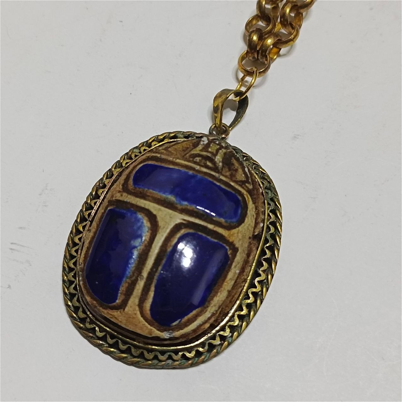 Vintage copper necklace with blue scarab pendant, ancient Egyptian style unique