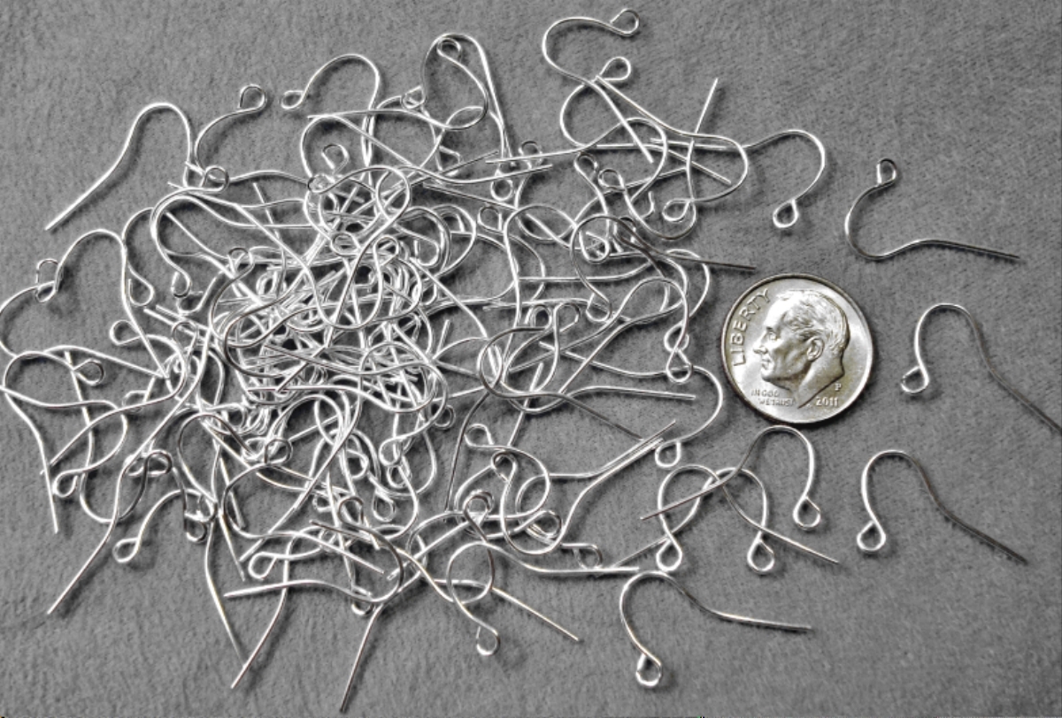 100 White Gold plt plain fish hook earring wires open bottom dangle loop FPH012B