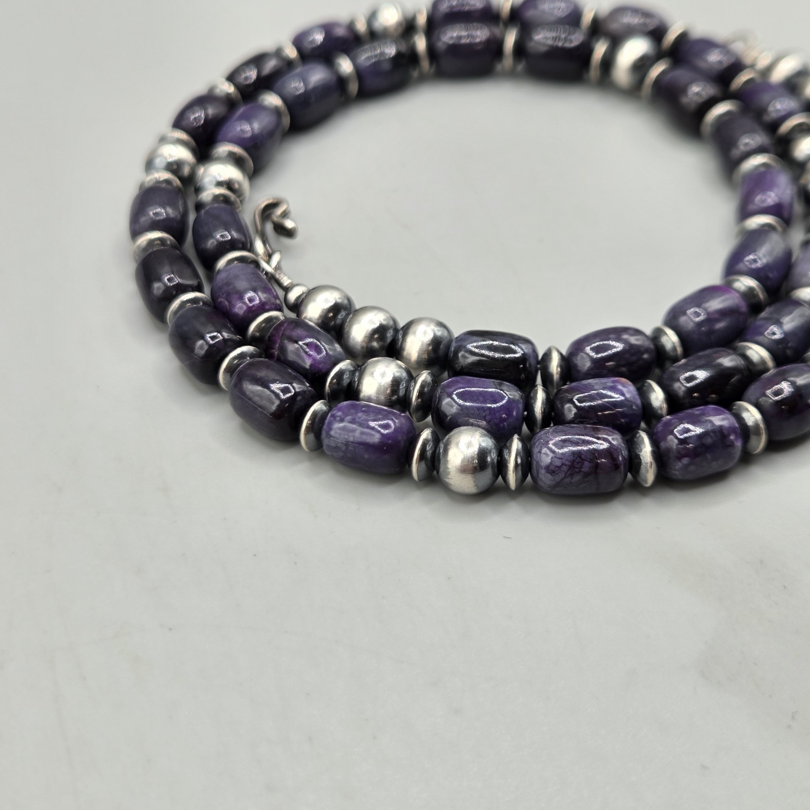 21.5″ Rare Sugilite Sterling Navajo Pearl Necklace Southwest Squash Petite 6+mm
