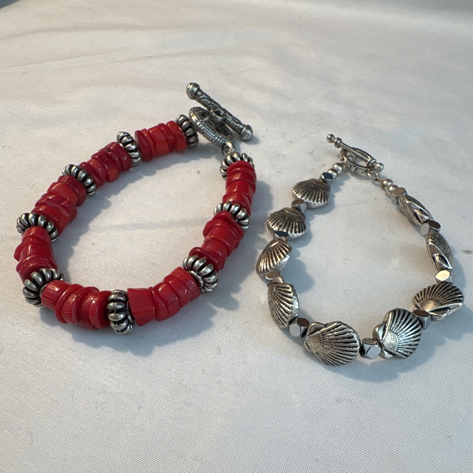 Lot of 2 Toggle Bracelets: Red Beaded & Silver Shell Charm 8-9in DIY supplies!