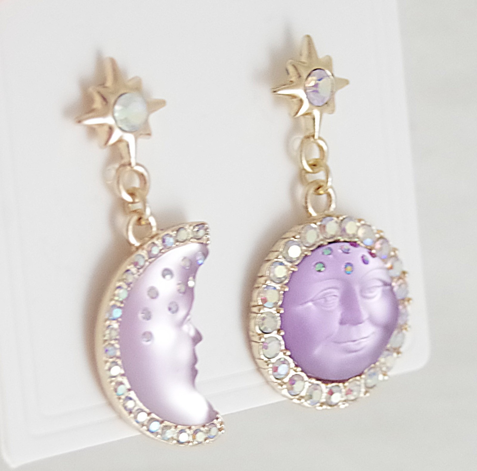 2″ KIRKS FOLLY PURPLE SEAVIEW MOON FACE CRYSTAL RHINESTONE DROP DANGLE EARRINGS