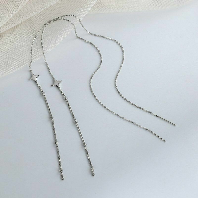 A Pair Long Chain Tassel Threader Earrings Earline Women Silver Star Jewelry I50