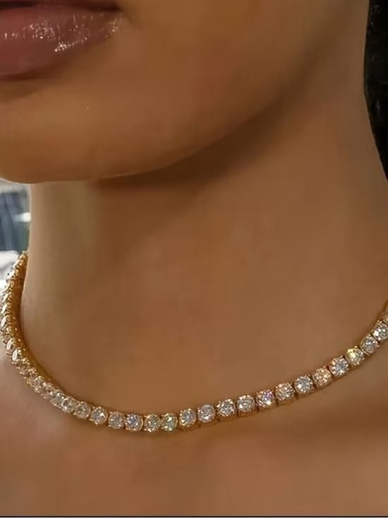 Gold Crystal Tennis Necklace with Clear Stones – Women Jewelry