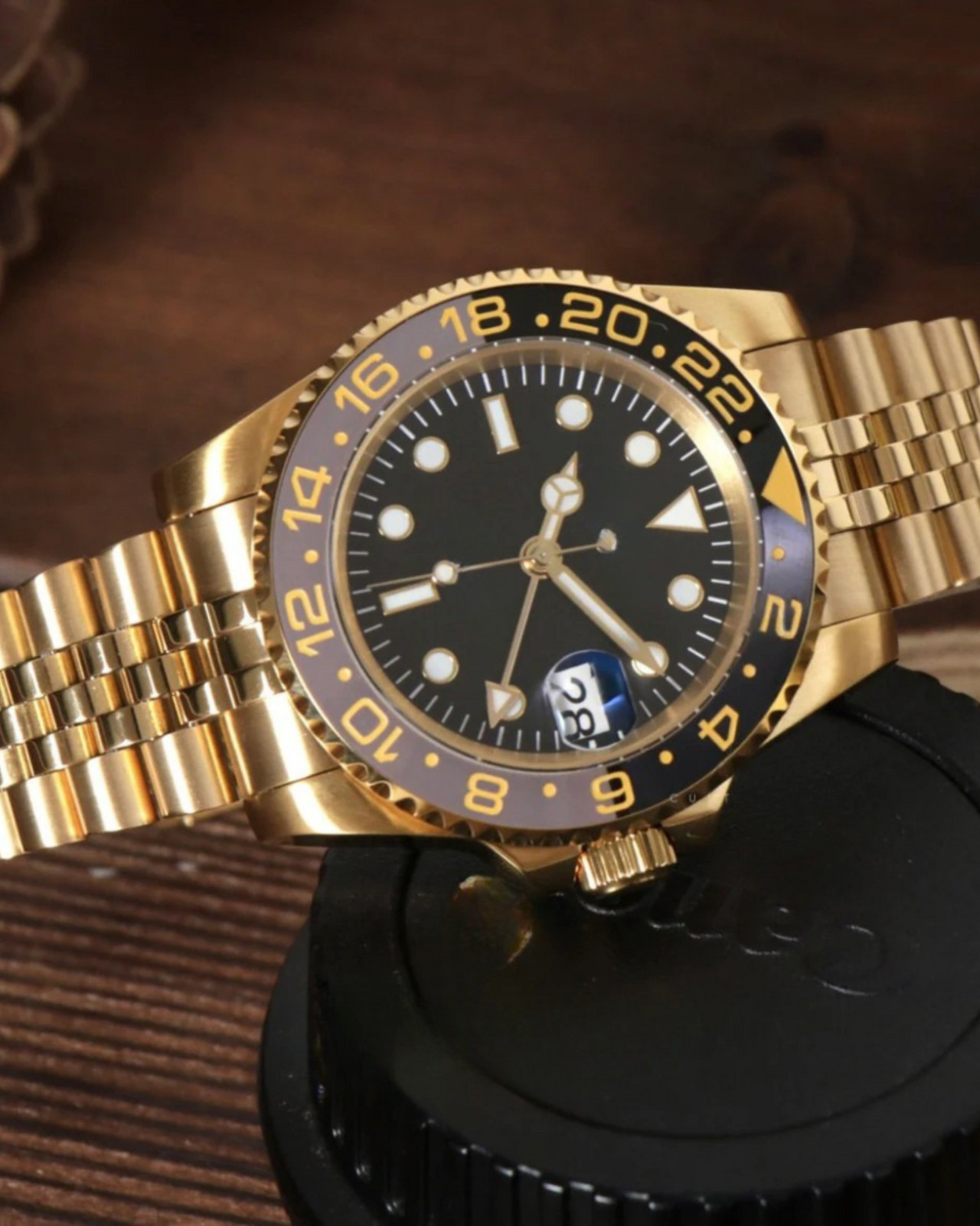 PrimeCrown Gold GMT Watch | Black 24h Bezel | Authentic Seiko NH34 Movement