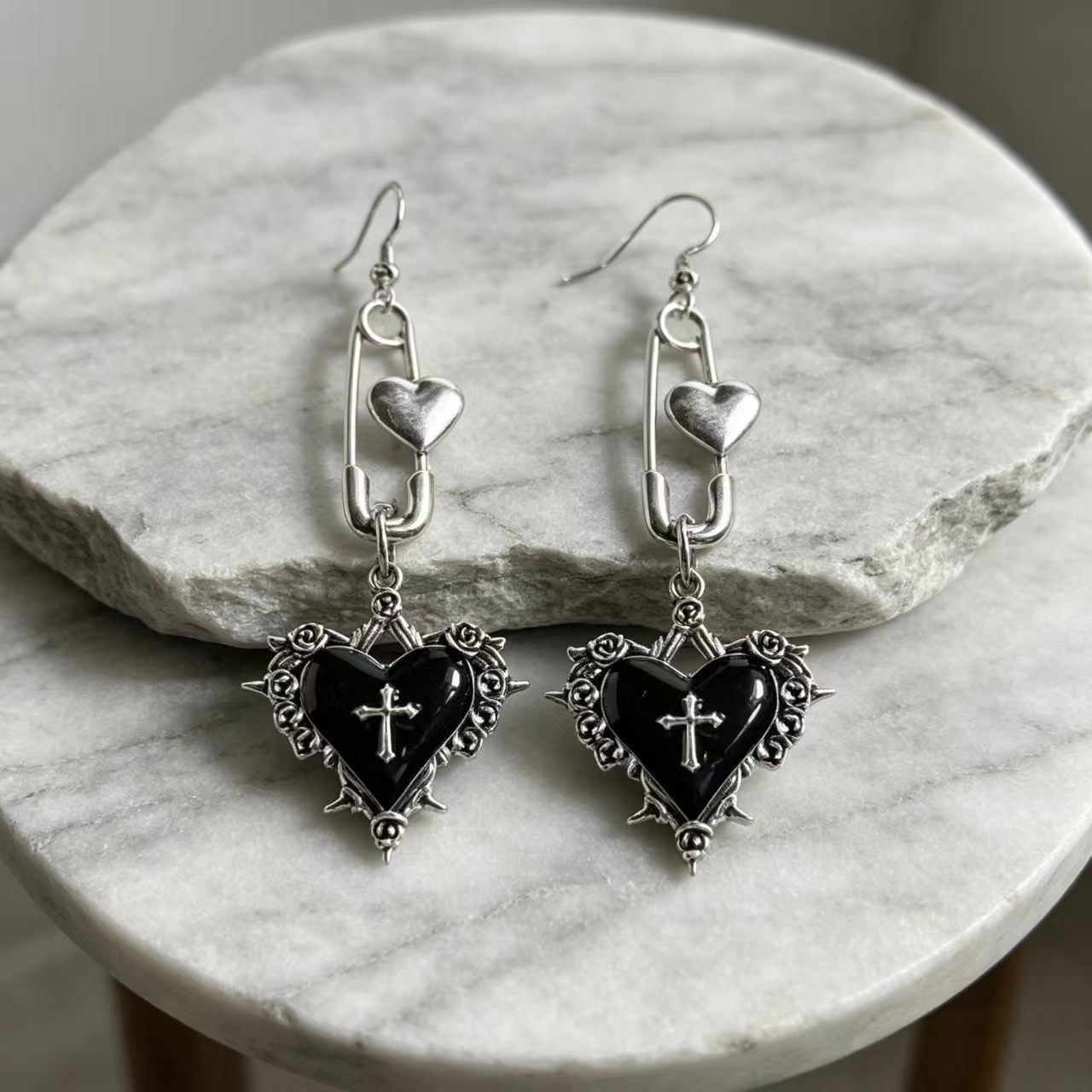 GothicSafety Pin Dangle EarringsThorn RoseCross BlackHeart Vintage Drop Earrings