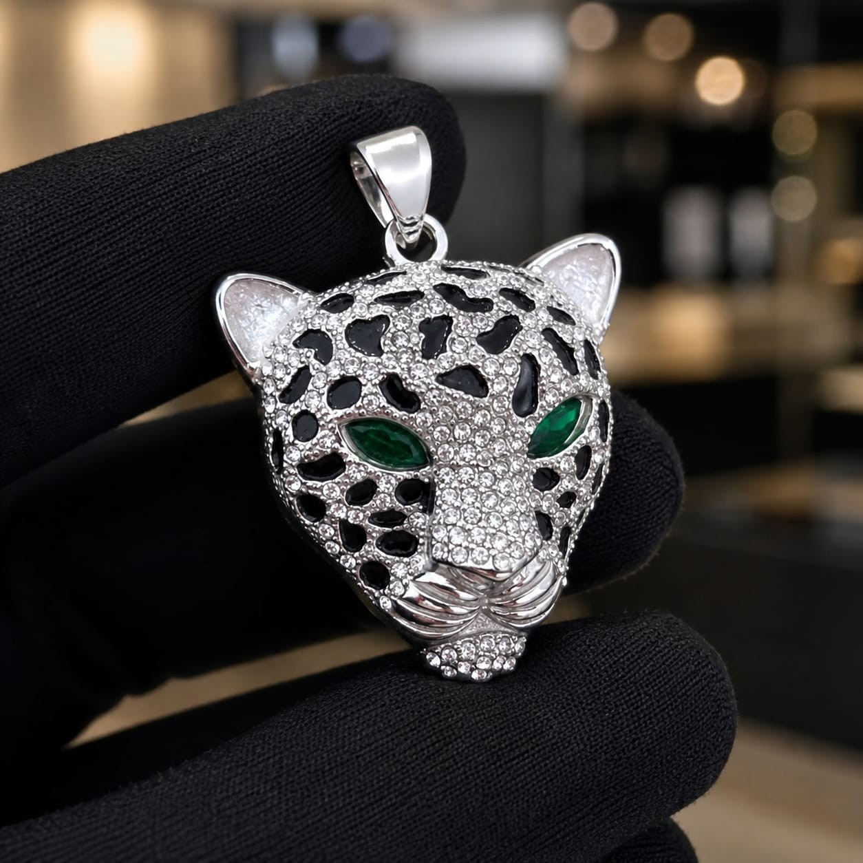 Iced Out Leopard Head Pendant Silver Stainless Steel Blue Red Green Eyes