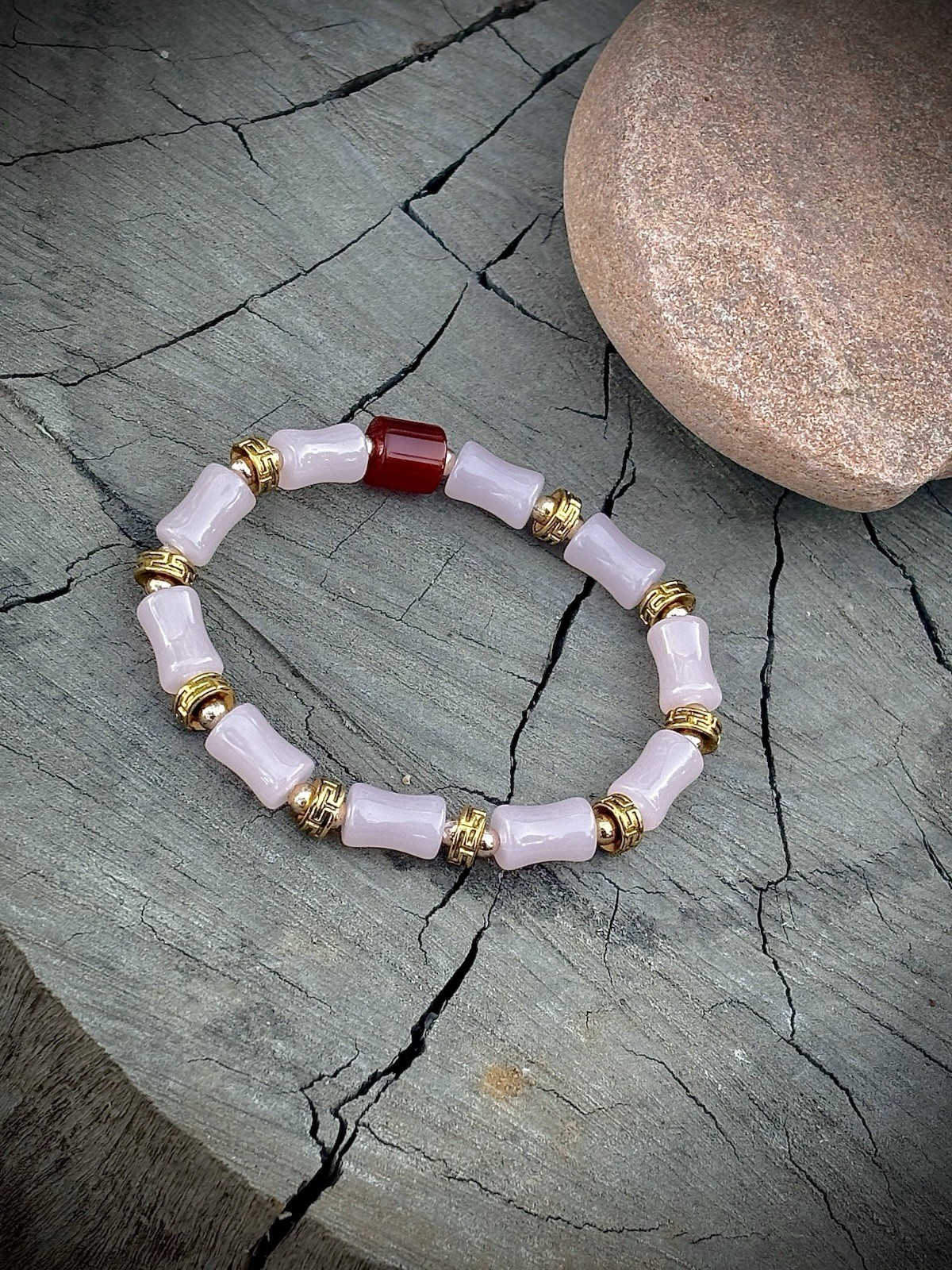 Rose Quartz Beaded Tube Bracelet W Bohemian Golden Platted Spacers. Natural