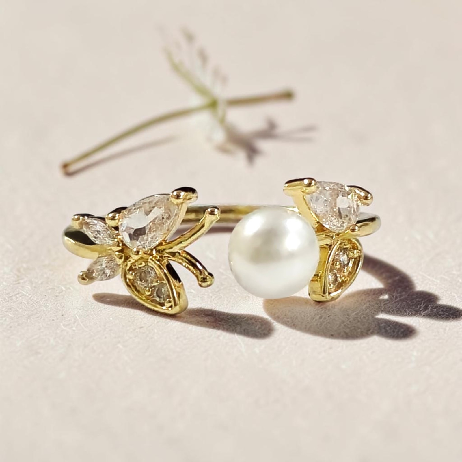 Gold Stainless Steel Butterfly Pearl Ring CZ Crystal Adjustable Open Cuff Ring