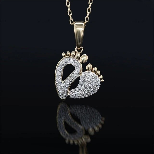 1Ct Round Cut Lab-Created Diamond Mom Baby Feet Pendant 14k Yellow Gold Plated