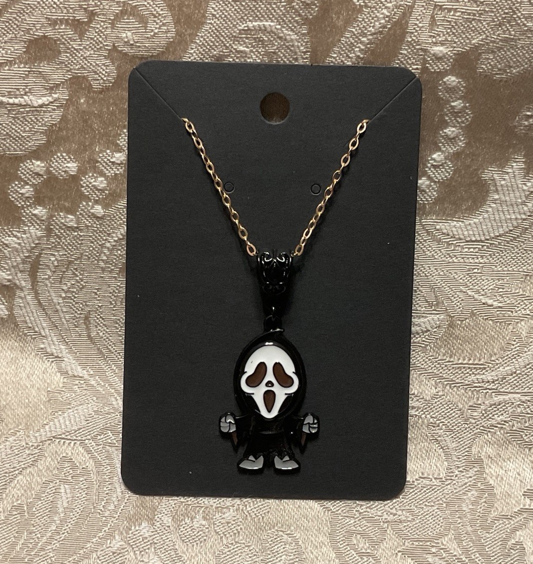 Scream Ghost Face Spooky Halloween Charm Gold Necklace 18”
