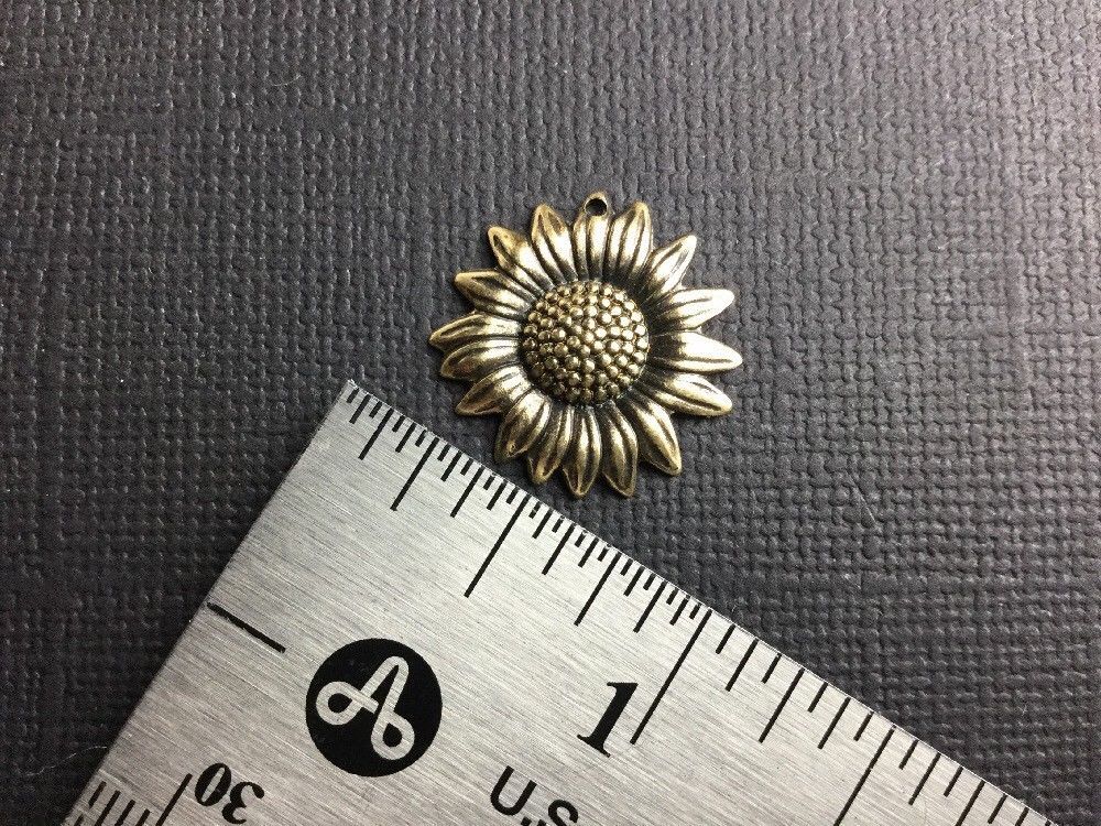 Vintage Small Sunflower Charm w/Hole Brass Jewelry Finding, Brass Ox 29863