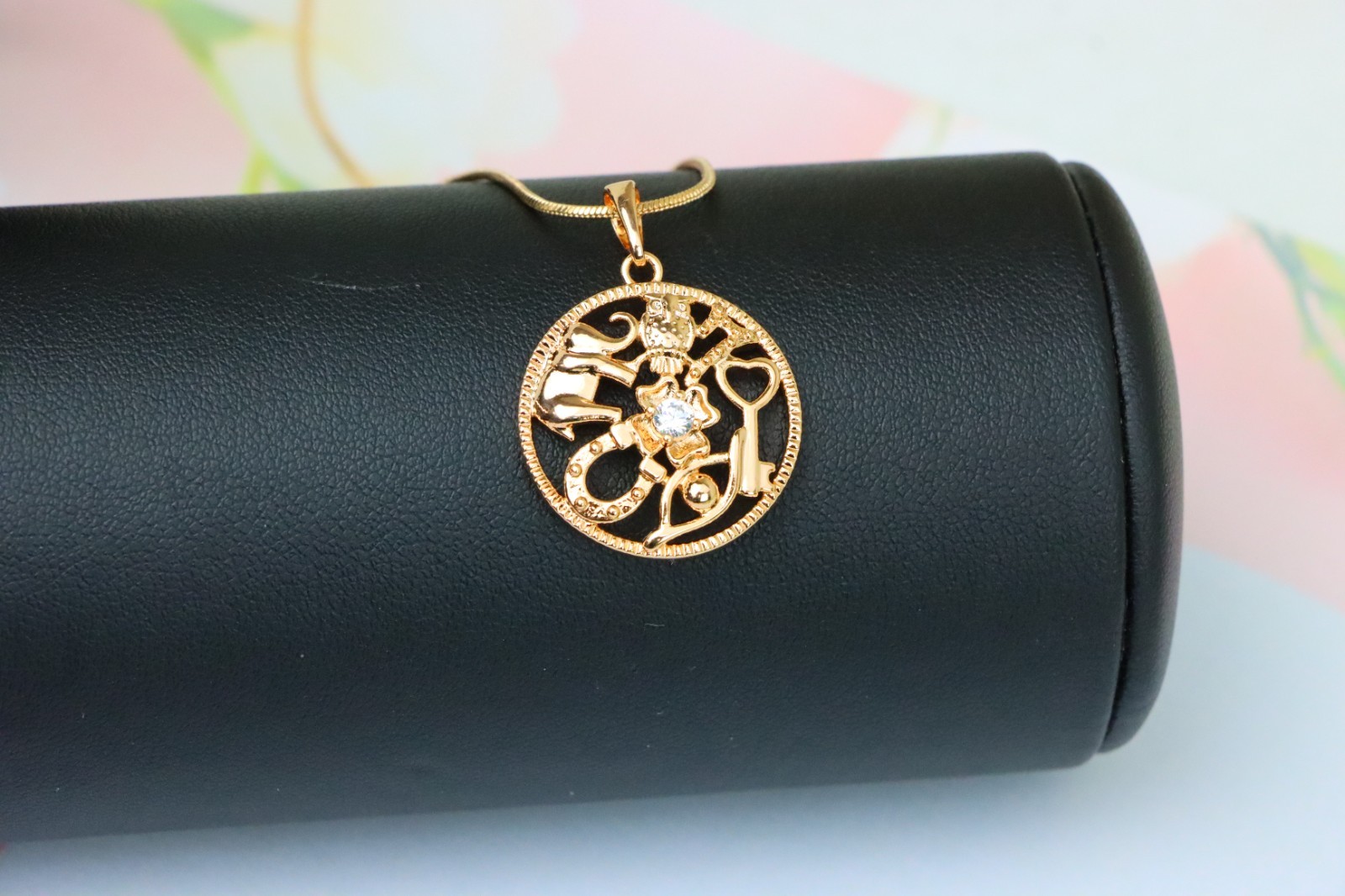 Round Rose Gold Pendant with Religious Motifs and Center Stone, XPPT1442