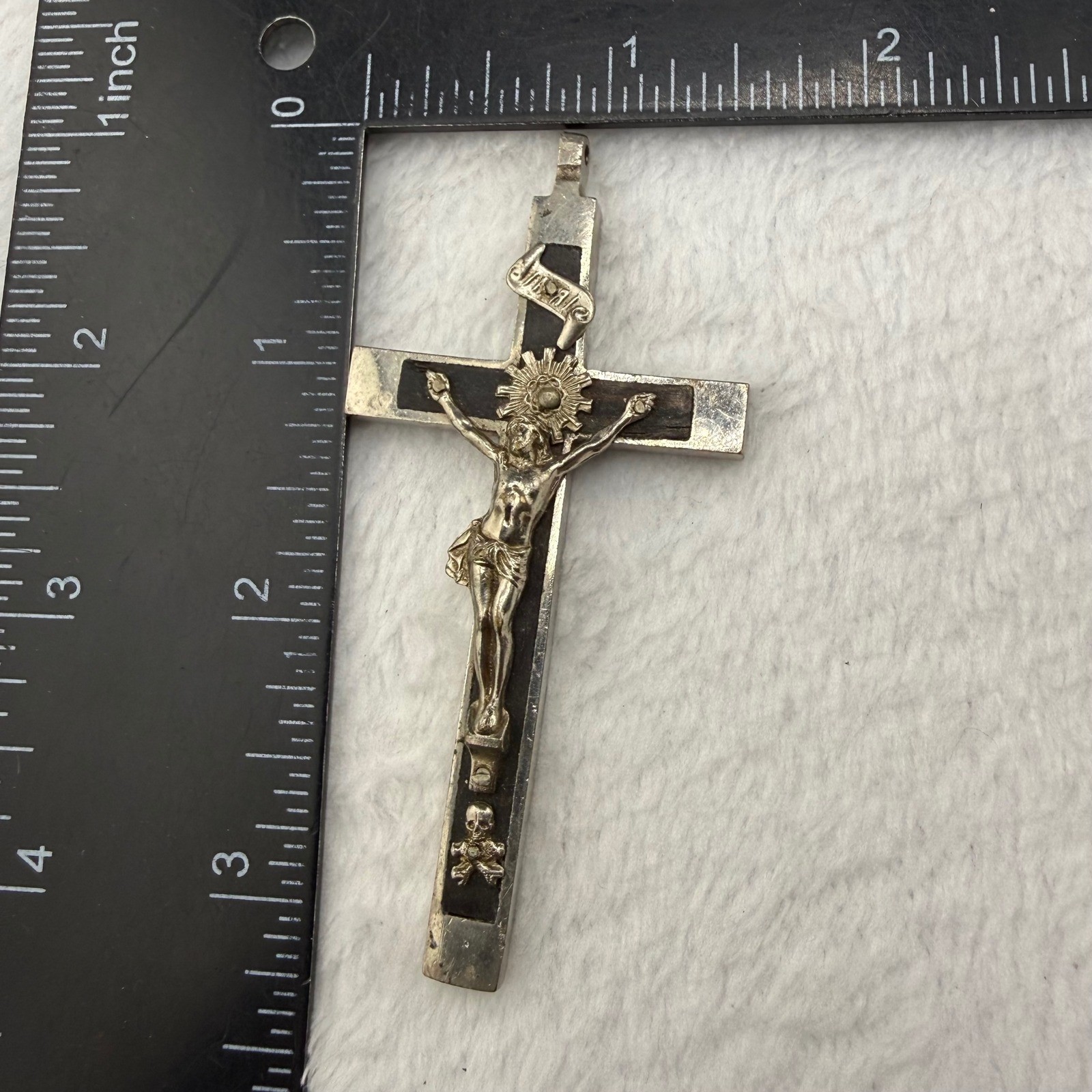 Vintage Real Ebony Wood Crucifix Pendant Silver Tone Memento Mori Skull 3″