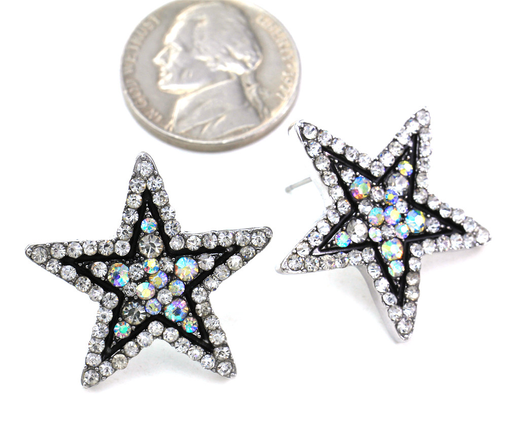 White Clear Star Stud Post Earrings Black Outline Silver Tone Crystal Jewelry