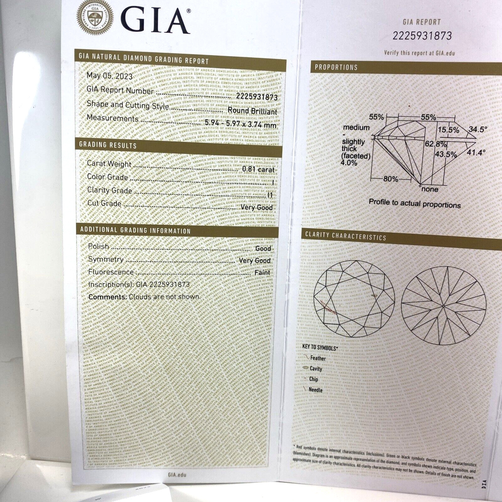 GIA Graded Certified 0.81Ct Diamond Color I Clarity I1 Very Good Cut
