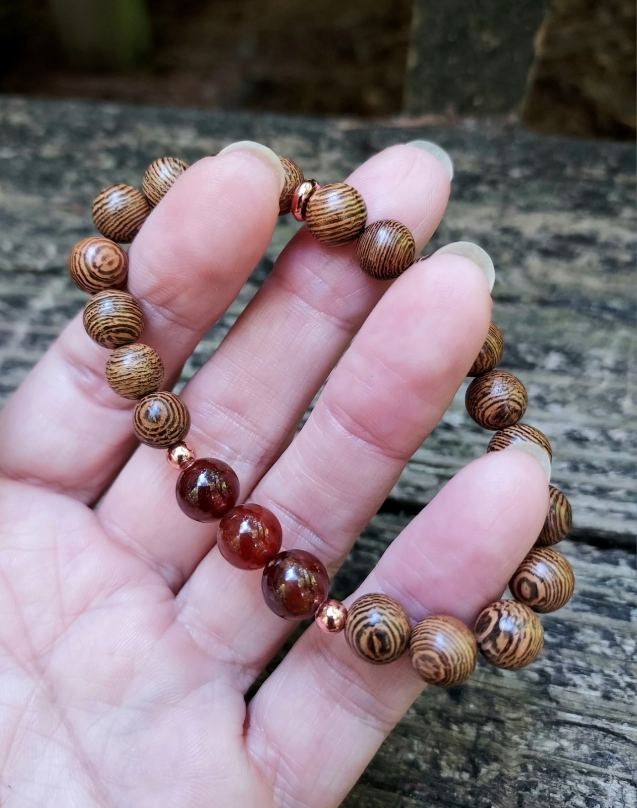 Hessonite Garnet Gemstone Bracelet With Brown Wooden Beads Stretchy 6.50″