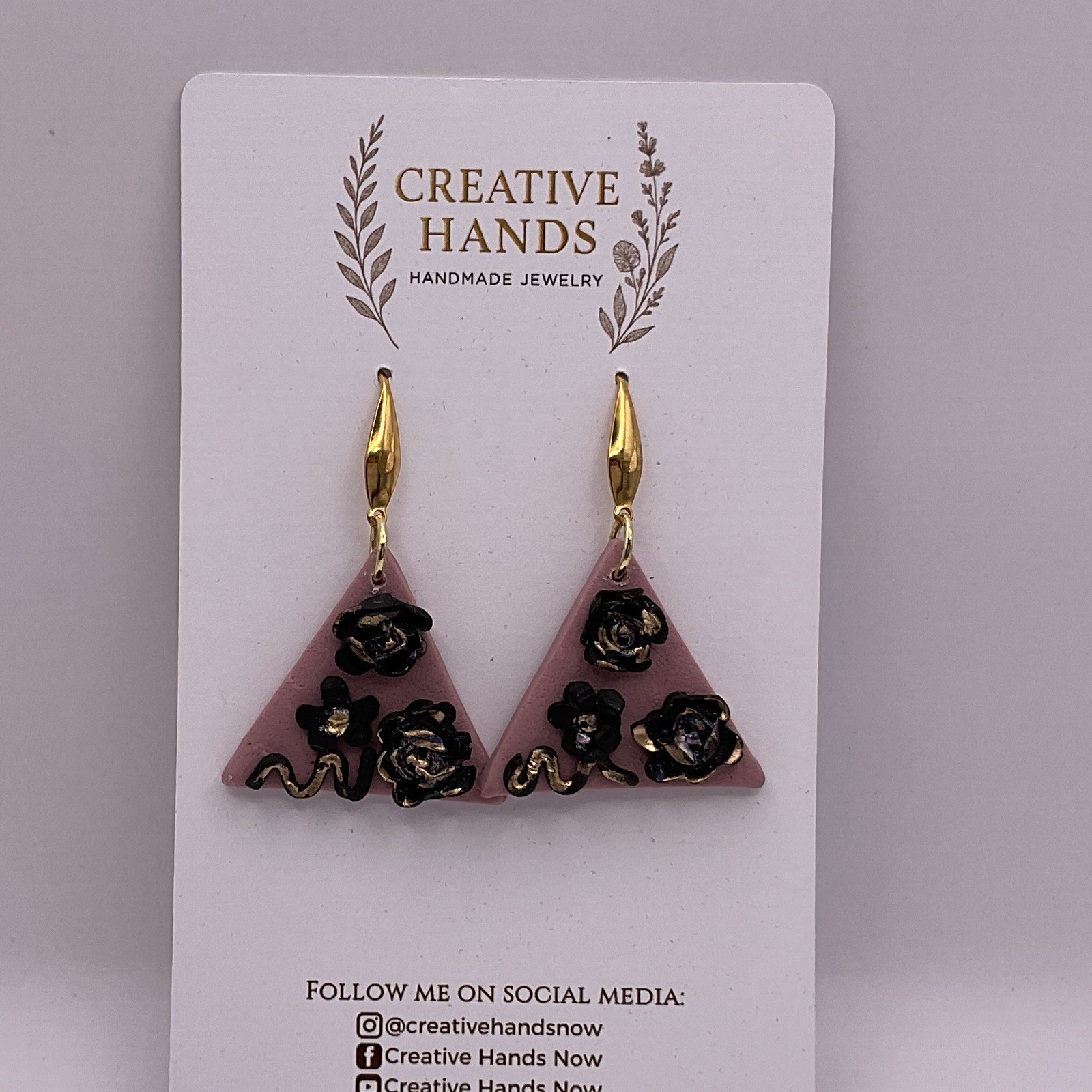 Handmade Pink Triangle Rose Vine Earrings Black Gold Floral Polymer Clay Dangle