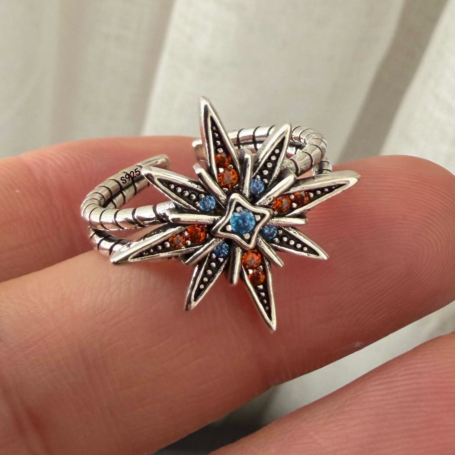 925 Sterling Silver Butterfly Bow Moon Star Zircon Adjustable Open Ring Women