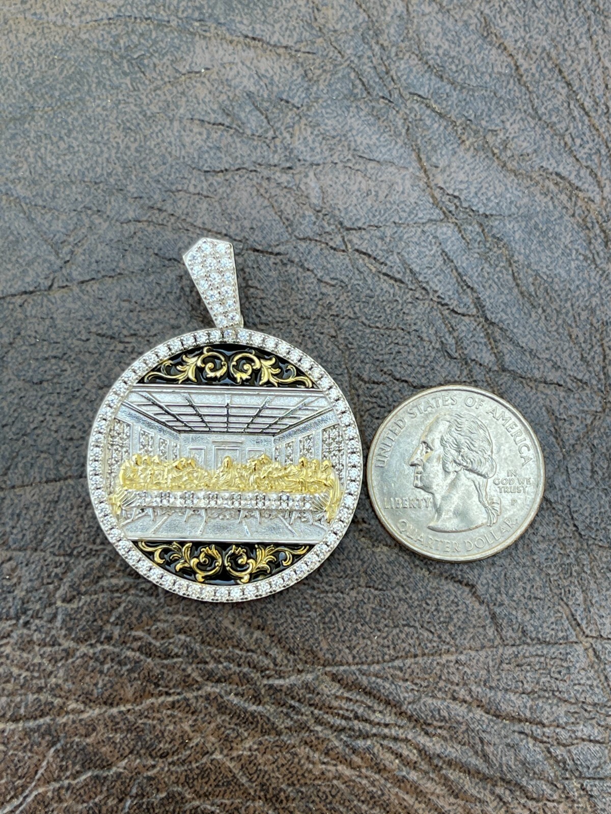 Solid 925 Silver / Gold Plated Jesus Last Supper Coin Medallion Pendant Italy CZ