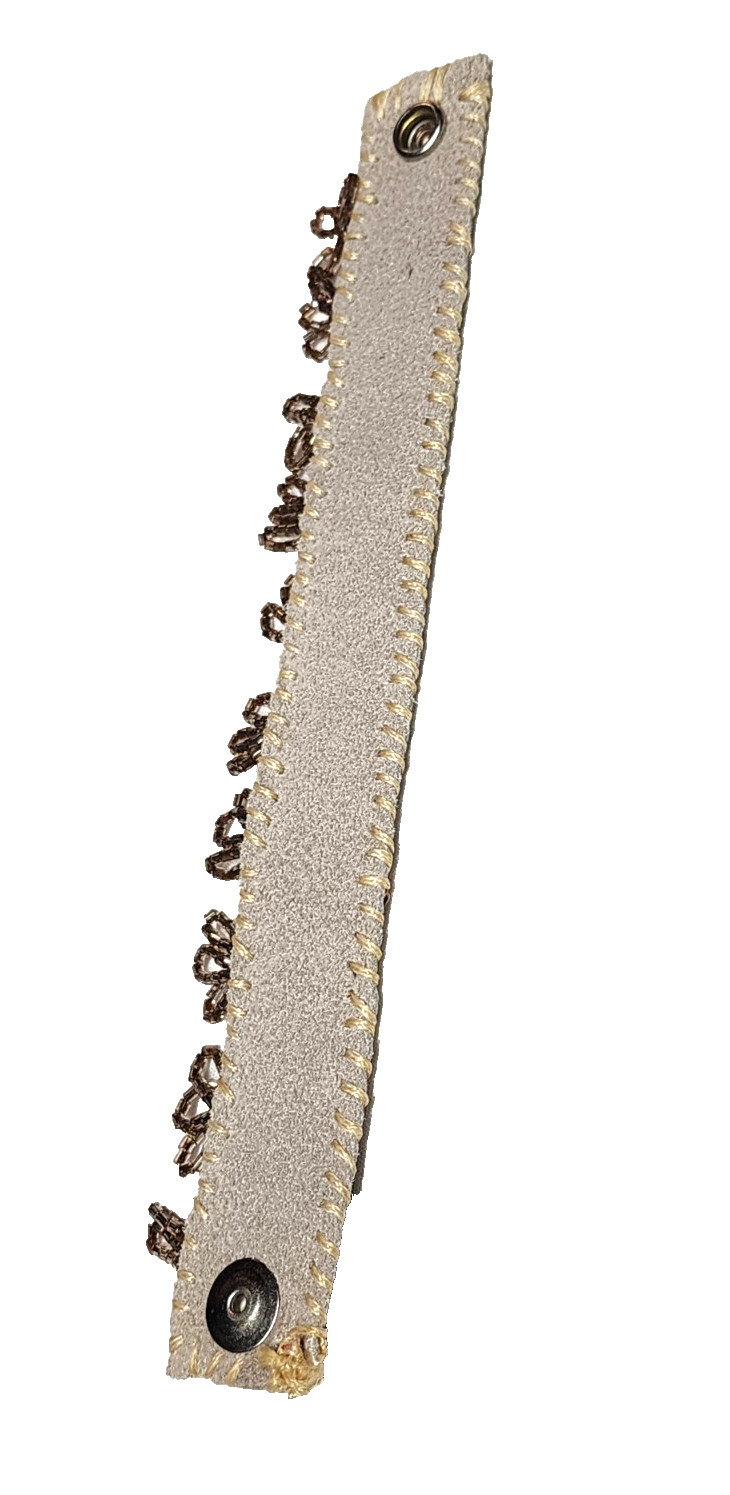 Handmade Cream White Genuine Leather Champagne Glass Beaded Cuff Bracelet Boho