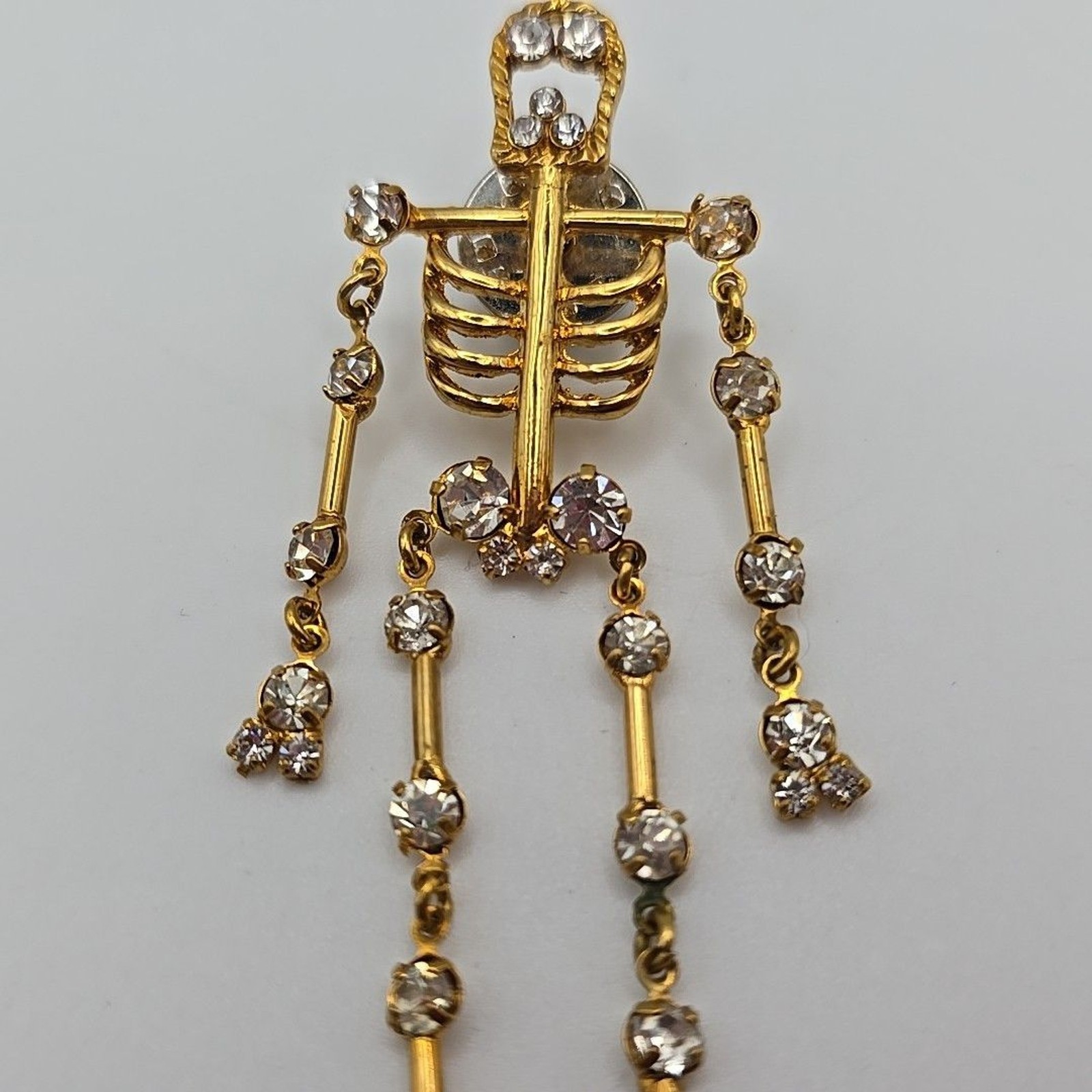 Gold Tone & Crystal Rhinestone Articulated Skeleton Brooch Pin – 3.5 Inches Long