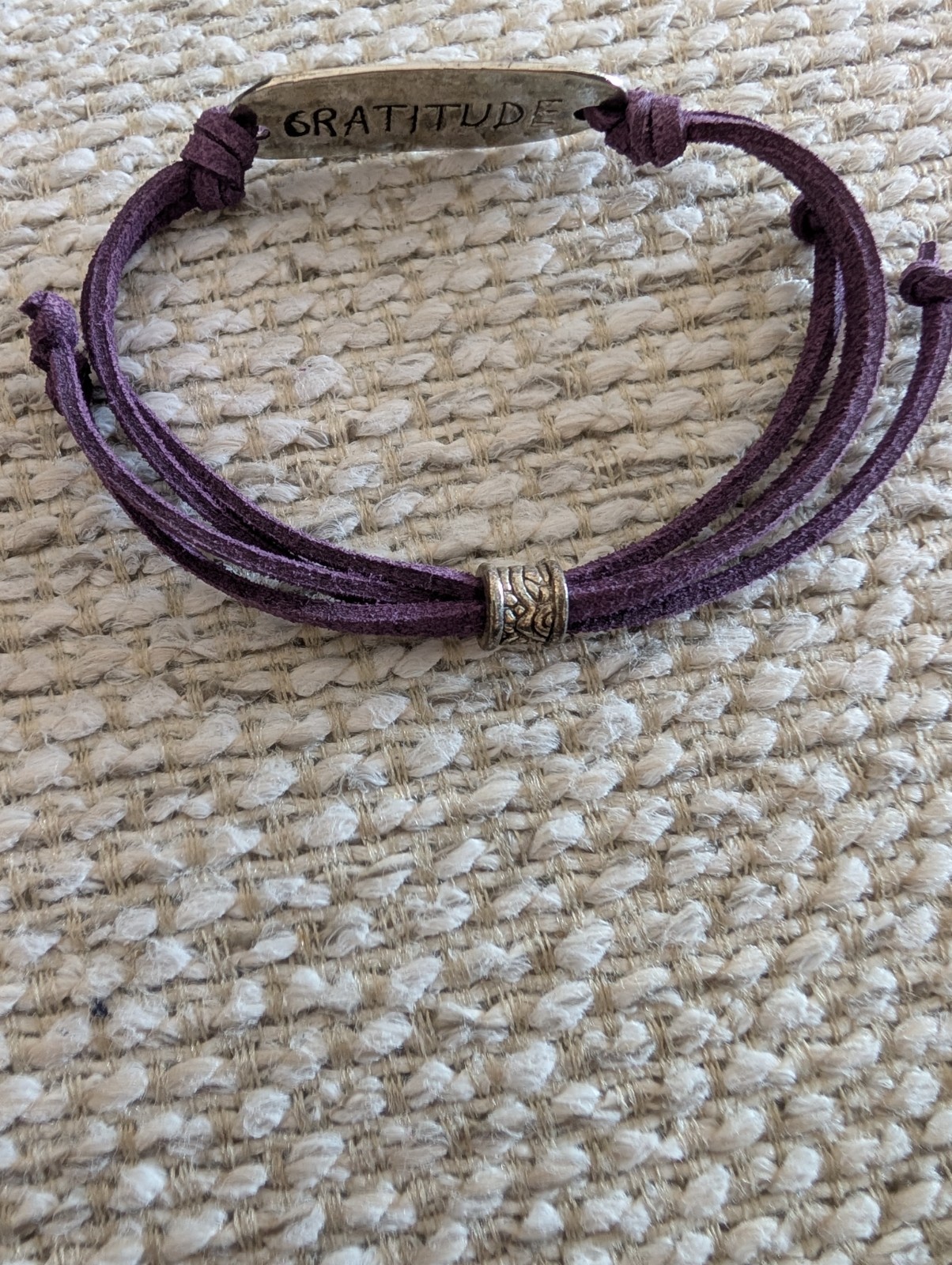 Engraved GRATITUDE Bracelet Purple Soft Suede Adjustable Cord