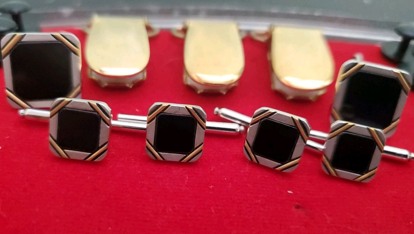 Black Silver Gold Square Formal Cuff Links & Shirt Studs Suspender Clips Tux