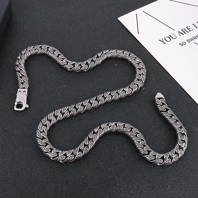 Men Vintage Distressed Silver Titanium Steel Necklace Bracelet Set Hip Hop Punk