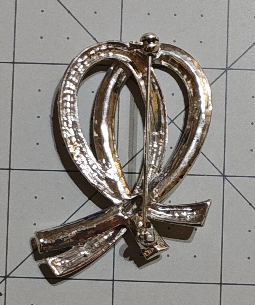 Ribbon Brooch Pin Gold & Silver Tone Clear Round Rhinestones 2.25 in