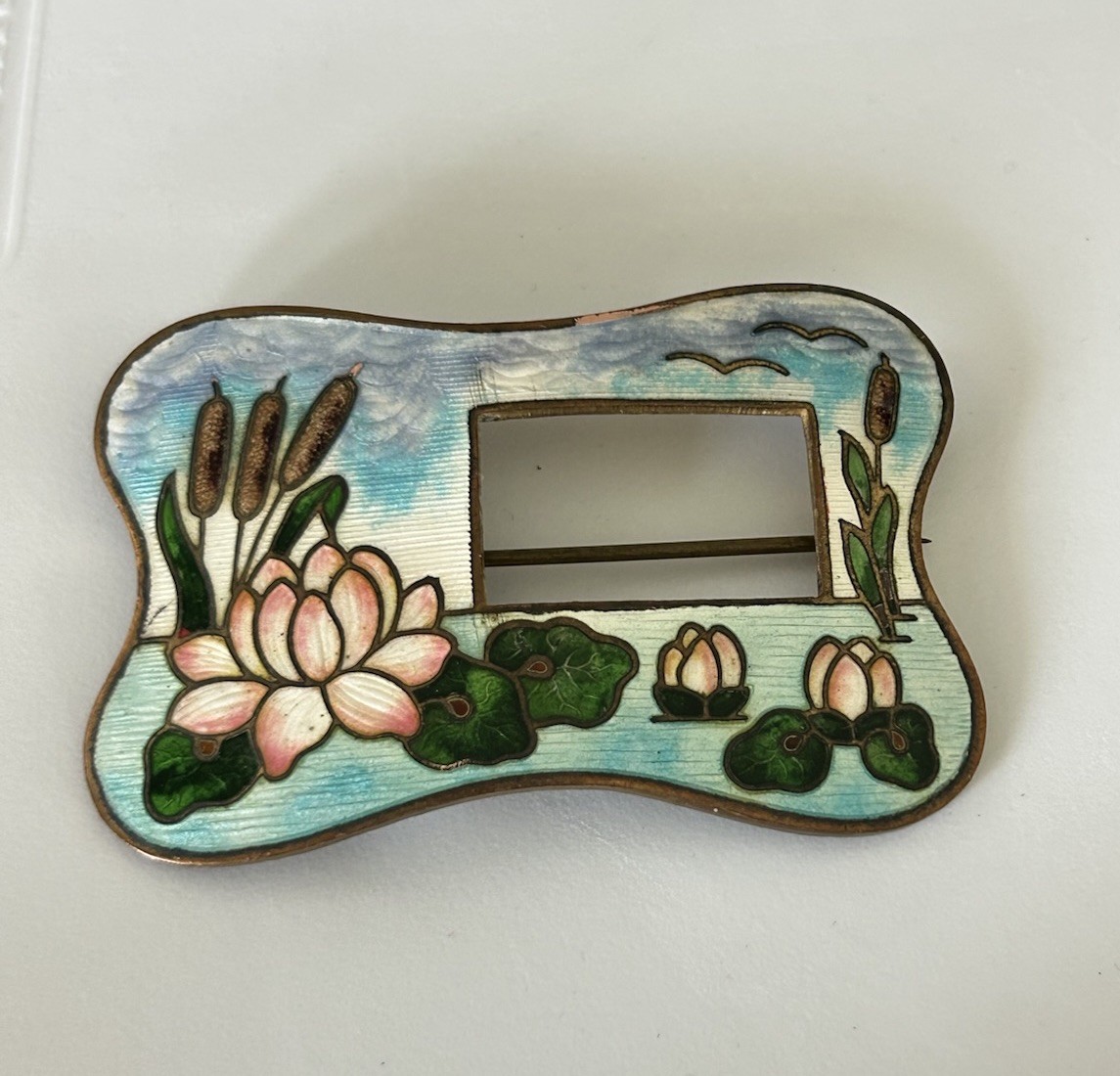 Large Antique Guilloche Enamel Brass Frame Brooch Lotus Cattails Art Nouveau