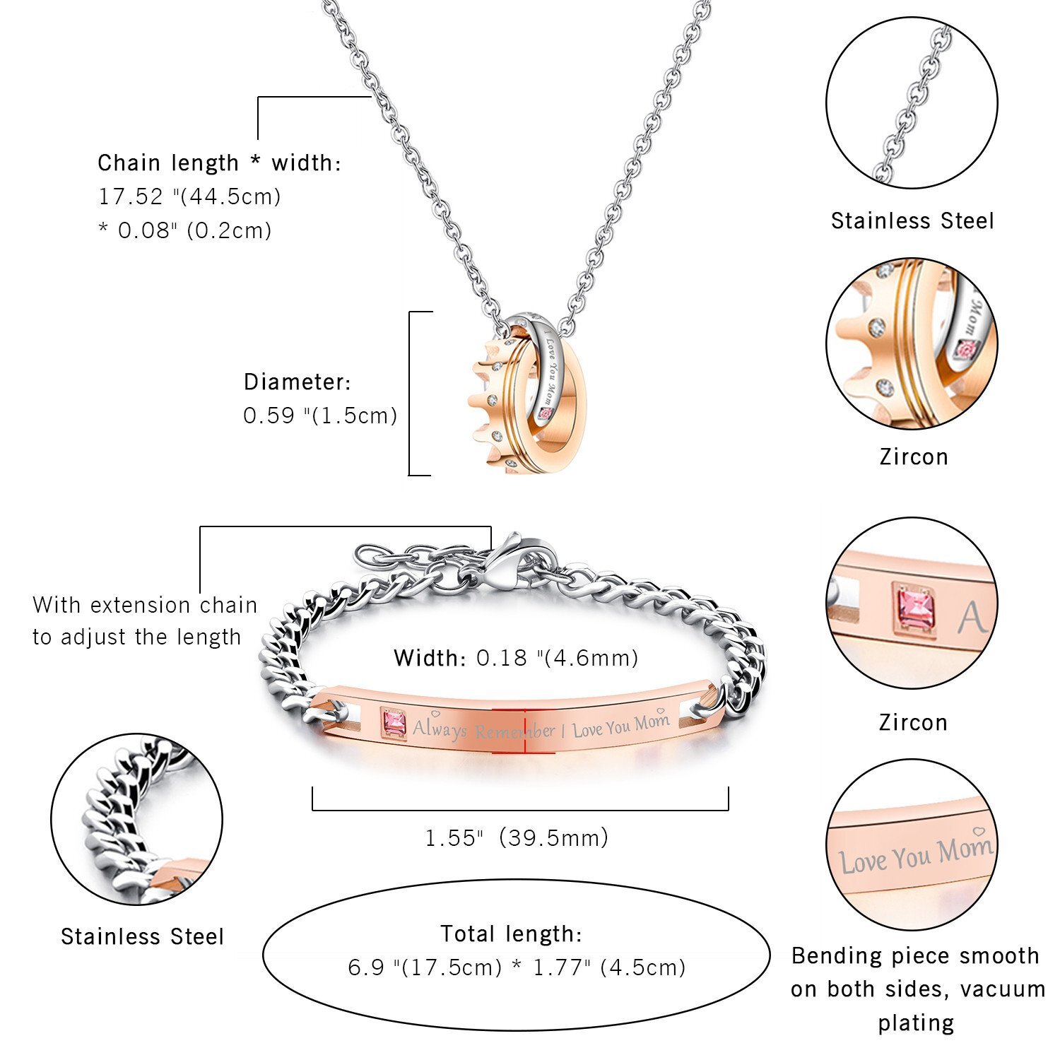 ‘I Love You Mom’ Crown Ring Interlocking Necklace Bracelet Set Mother’s Day Gift