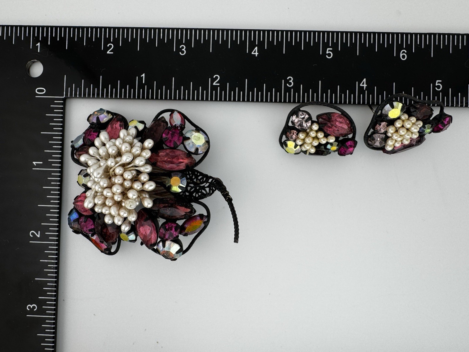 Early Unsigned Brooch Earrings Set Hand Wired Construction Japanned Metal MCM