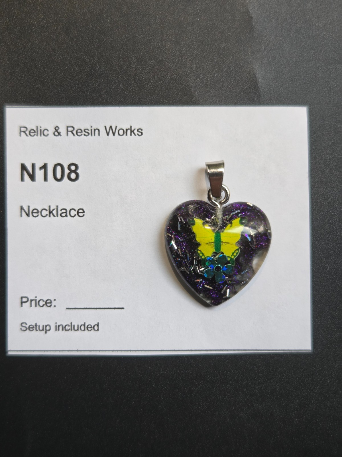Handmade Yellow Butterfly Heart Resin Necklace Pendant Purple Glitter Floral Art
