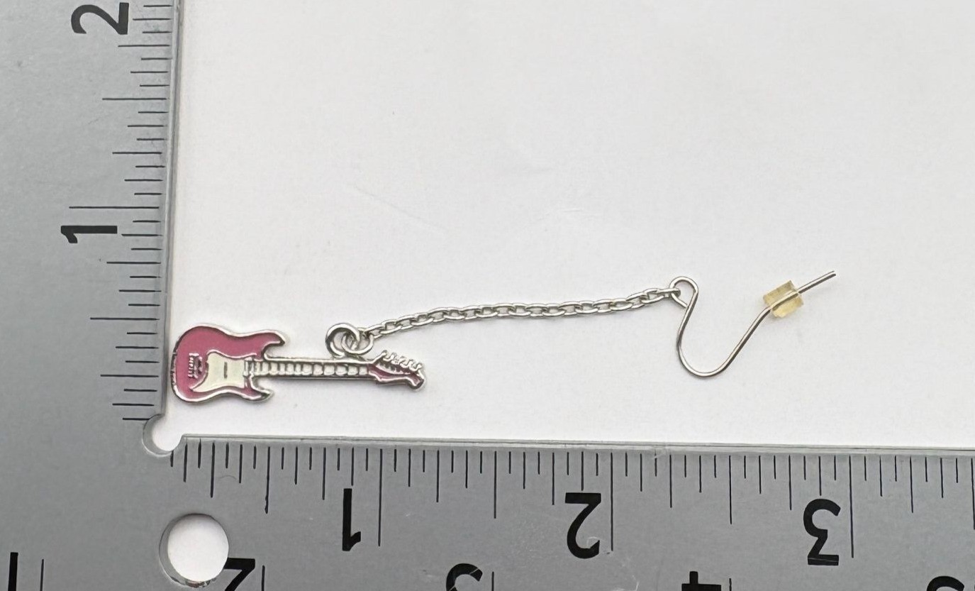 Electric Guitar Dangle Earrings Purple Pink Drop Silver Tone Chain Rock n Roll