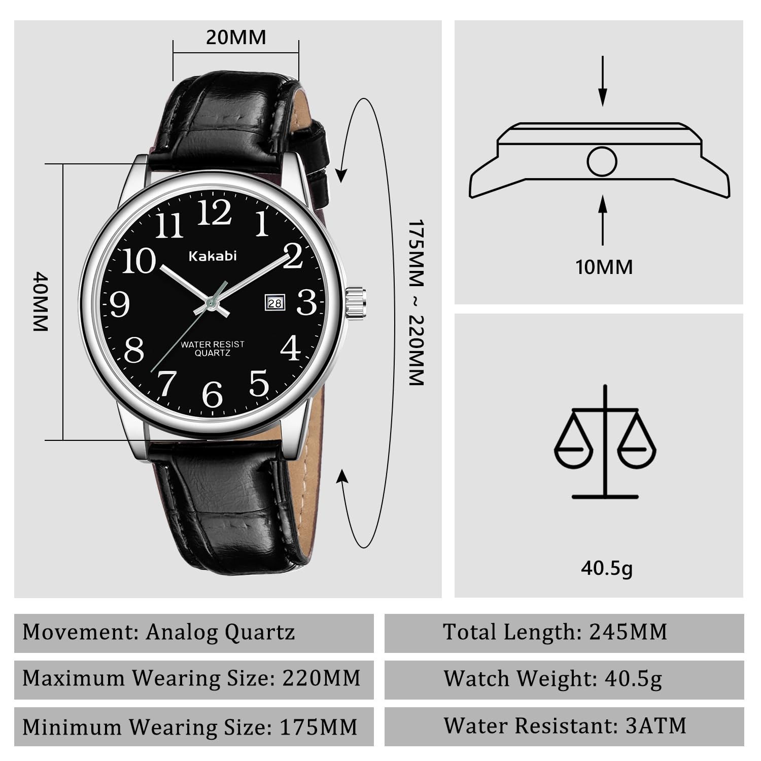 Kakabi Watch for Men, Easy Reader Unisex Analog 011-Black/Silver-Tone/Black