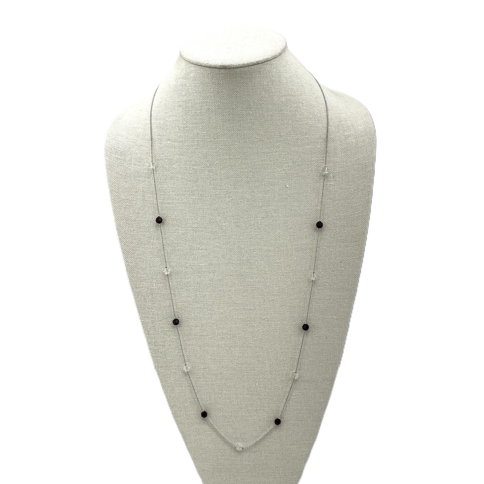 Long Silver Tone Station Necklace Clear & Black Crystal Glass Beads Snake Chain