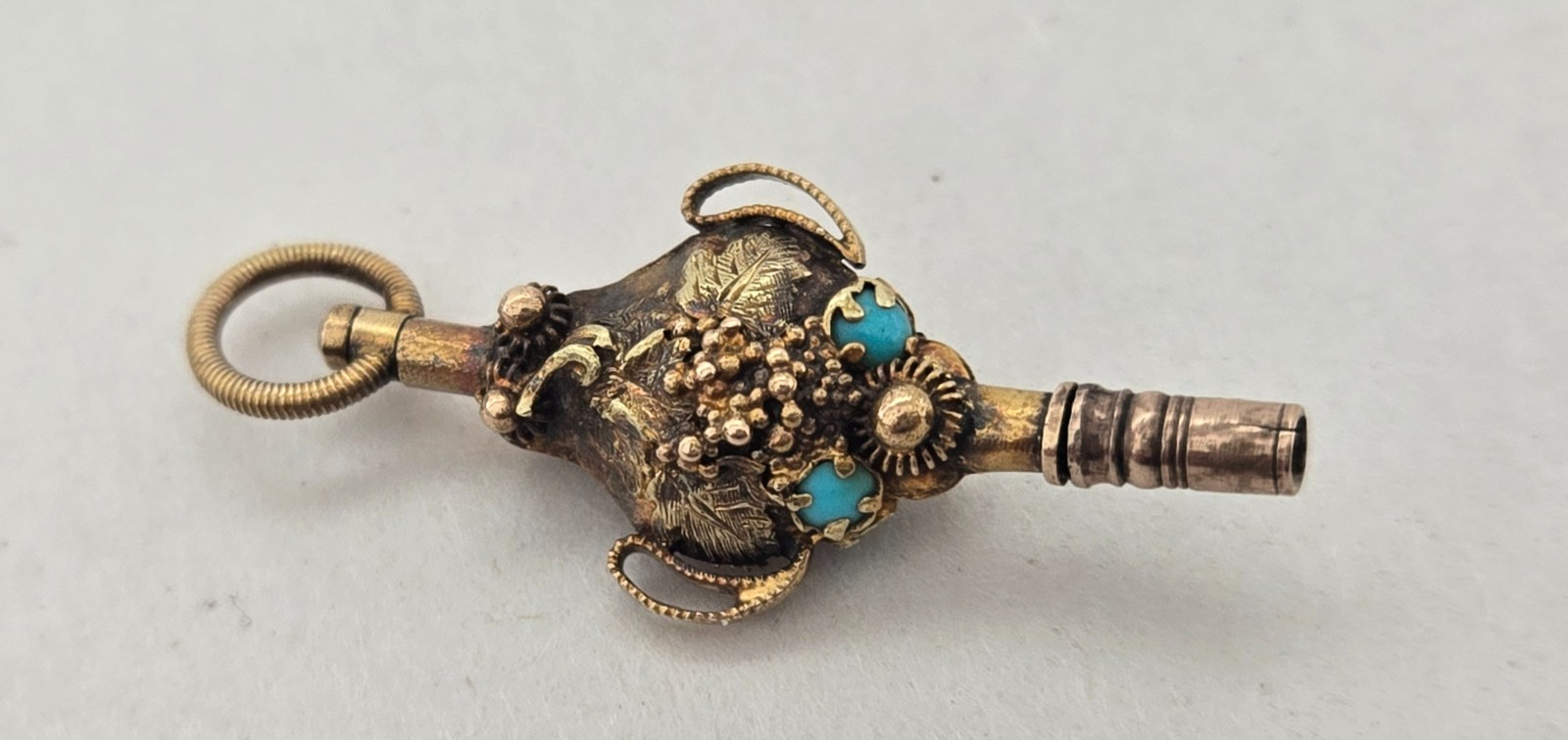 Antique Victorian Rolled Gold Watch Key Fob Turquoise Grapes Vine Ornate Pocket