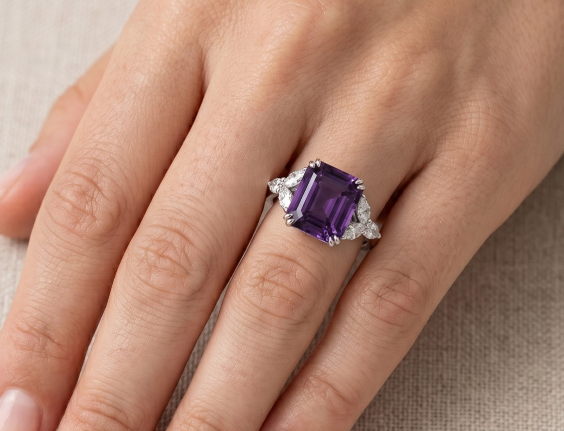 RARE 5.30 Ct Certified Asscher Cut Purple Natural Diamond Ring White Gold Finish