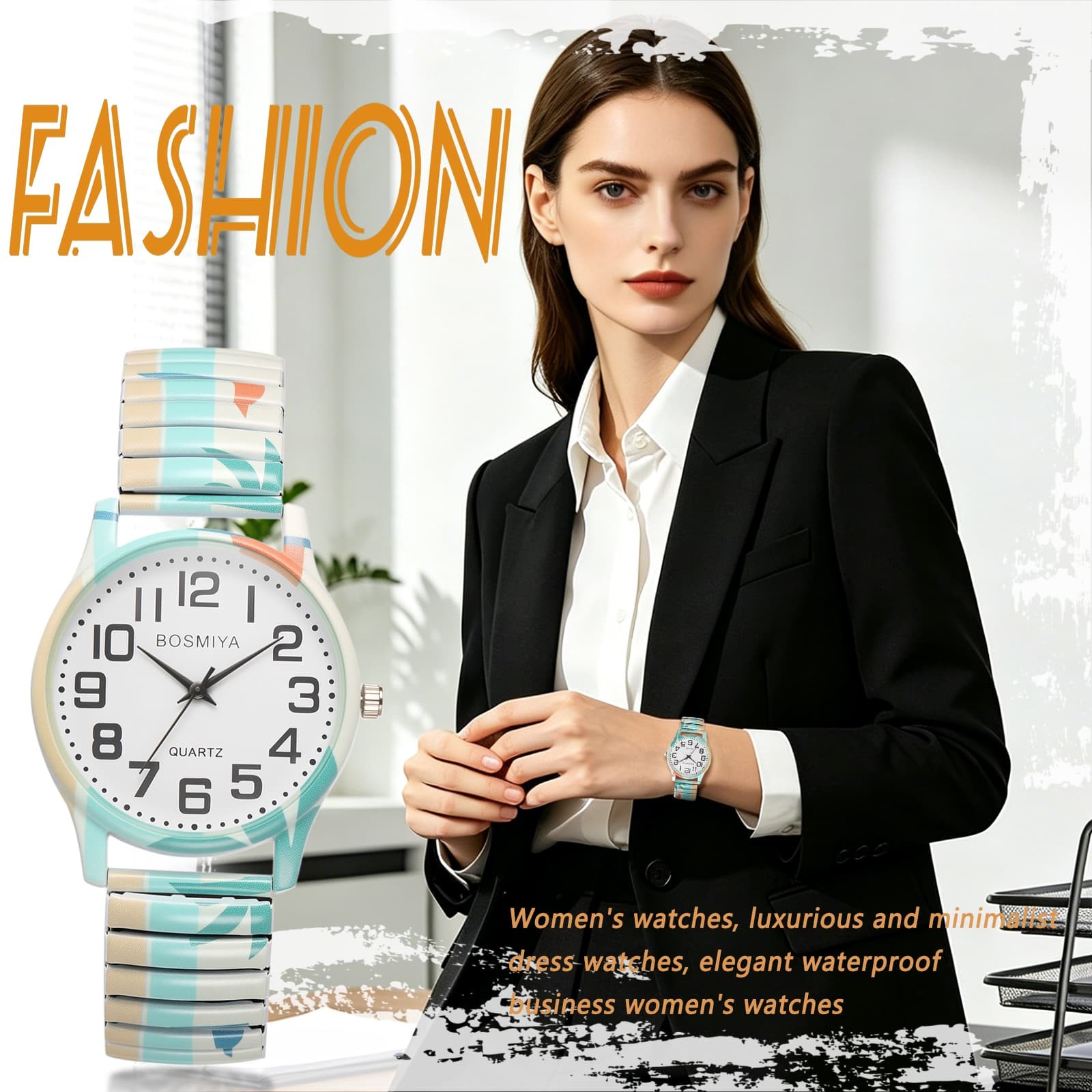 Summer Boho Stailess Steel Strap Floral Print Elastic Wrist Watch Easy Reader
